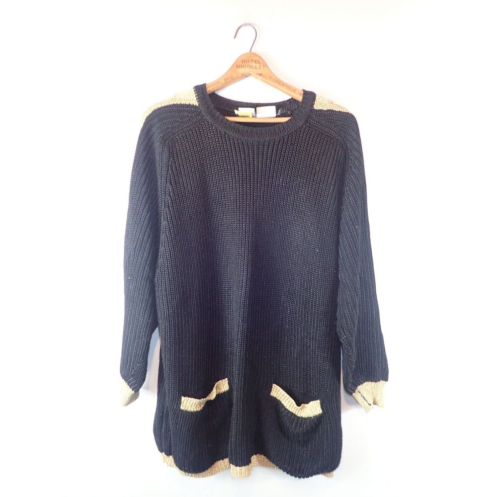 Oui Designer Collection Vintage Sweater Black 80s Gold Accents Small Oversized